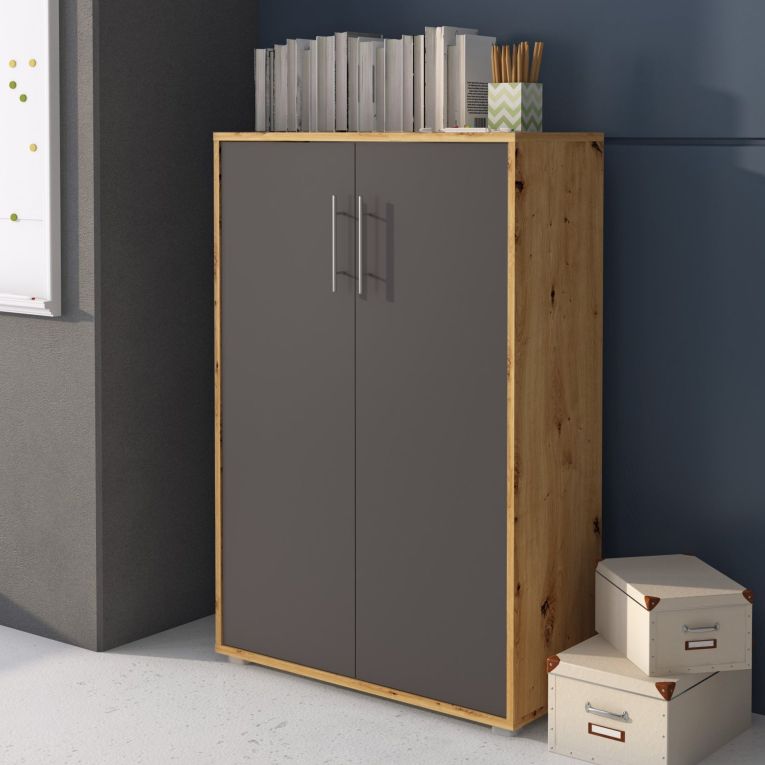 Armadio Multiuso 2 Ante Marrone Rovere Nero Antracite Cassetti 4 Ripiani 79x118h cm, 2 Ante - Parabita