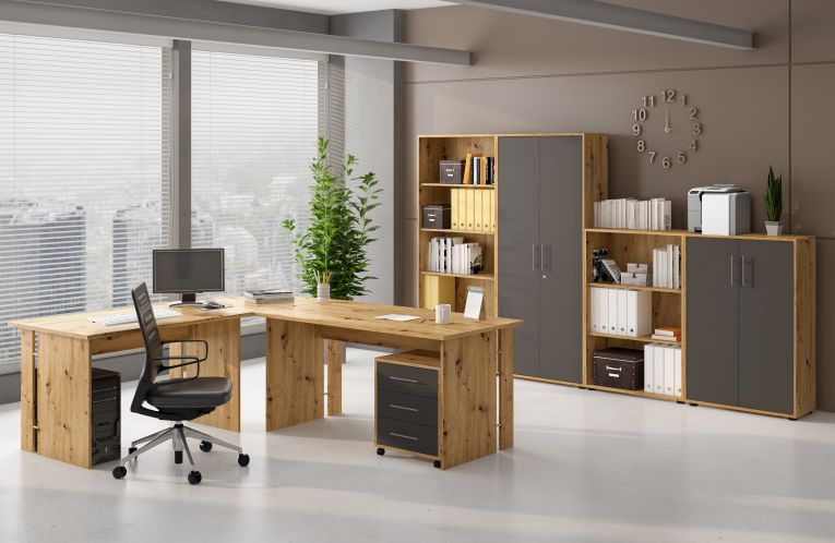Armadio Multiuso 2 Ante Marrone Rovere Nero Antracite Cassetti 4 Ripiani 79x118h cm, 2 Ante - Parabita