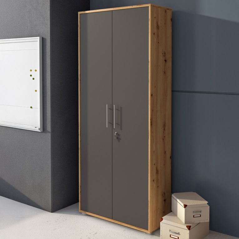 Armadio Multiuso 2 Ante Marrone Rovere Nero Antracite Cassetti 4 Ripiani 79x188h cm, 2 Ante - Saponara