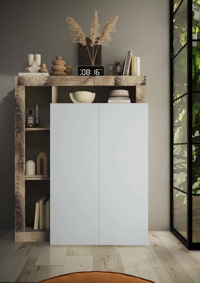 Armadio multiuso 2 ante Matese, Mobile multifunzionale, Mobiletto scarpiera, Porta scarpe, Made in Italy, 78x35 h116 cm, Bianco lucido e Rovere