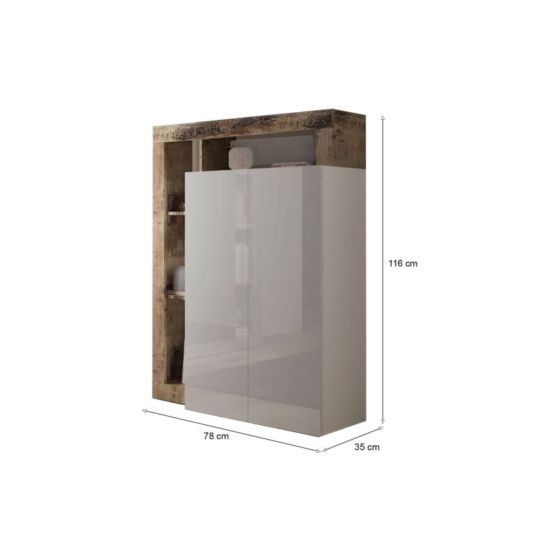 Armadio multiuso 2 ante Matese, Mobile multifunzionale, Mobiletto scarpiera, Porta scarpe, Made in Italy, 78x35 h116 cm, Bianco lucido e Rovere