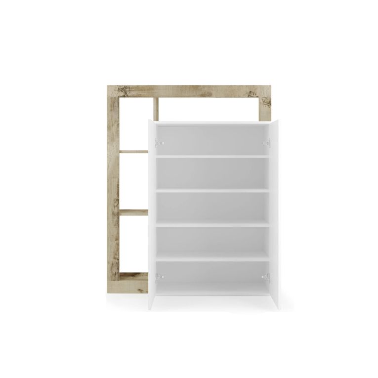 Armadio multiuso 2 ante Matese, Mobile multifunzionale, Mobiletto scarpiera, Porta scarpe, Made in Italy, 78x35 h116 cm, Bianco lucido e Rovere