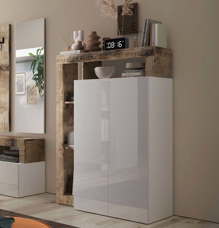 Armadio multiuso 2 ante Matese, Mobile multifunzionale, Mobiletto scarpiera, Porta scarpe, Made in Italy, 78x35 h116 cm, Bianco lucido e Rovere