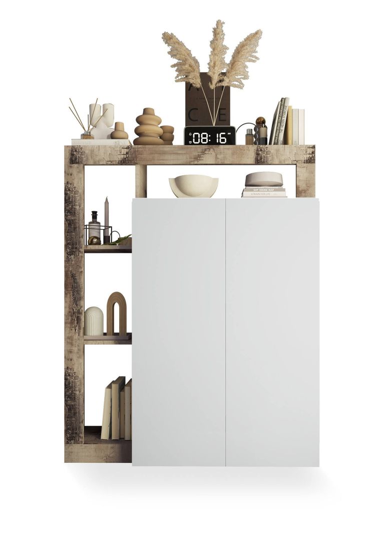 Armadio multiuso 2 ante Matese, Mobile multifunzionale, Mobiletto scarpiera, Porta scarpe, Made in Italy, 78x35 h116 cm, Bianco lucido e Rovere