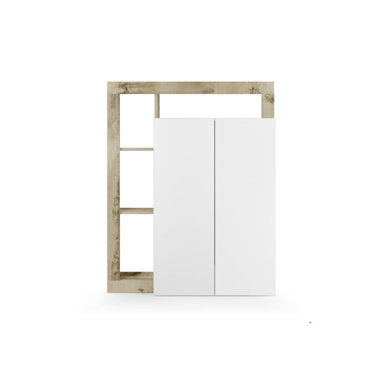 Armadio multiuso 2 ante Matese, Mobile multifunzionale, Mobiletto scarpiera, Porta scarpe, Made in Italy, 78x35 h116 cm, Bianco lucido e Rovere