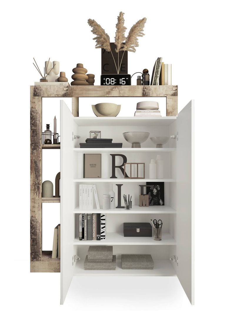 Armadio multiuso 2 ante Matese, Mobile multifunzionale, Mobiletto scarpiera, Porta scarpe, Made in Italy, 78x35 h116 cm, Bianco lucido e Rovere