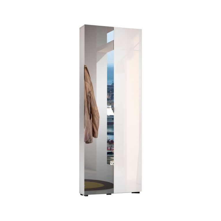 Armadio multiuso 2 ante Mbombela, Mobile multifunzionale, Mobiletto scarpiera, Guardaroba porta scarpe, Made in Italy, 70x19h200 cm, Bianco lucido