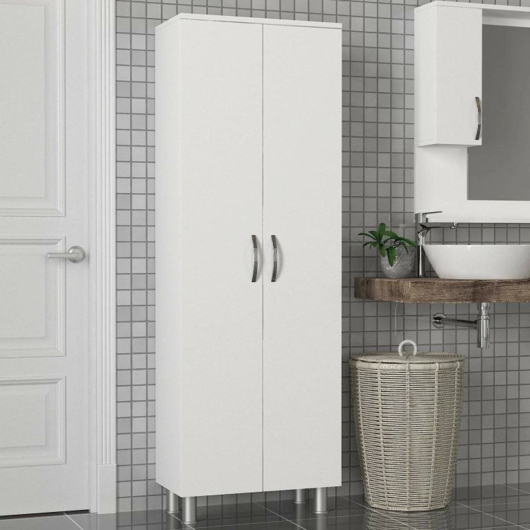 Armadio multiuso 2 ante Solivus, Mobile multifunzionale, Mobiletto scarpiera, Guardaroba porta scarpe, 59x32 h162 cm, Bianco