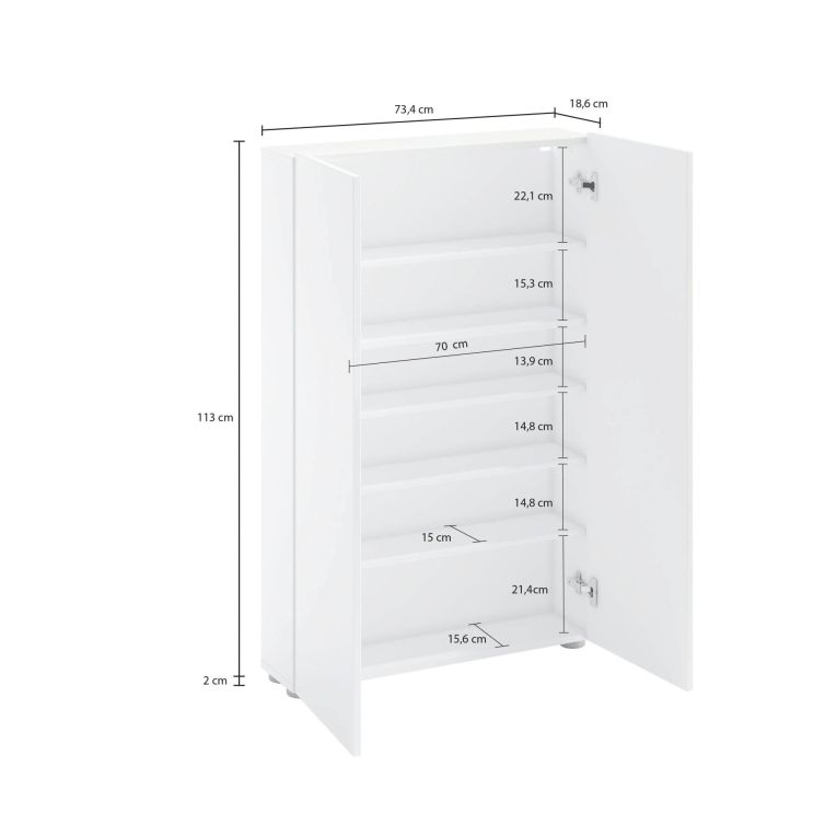 Armadio multiuso 2 ante Tzaneen, Mobile multifunzionale, Mobiletto scarpiera, Guardaroba porta scarpe, Made in Italy, 70x19h115 cm, Bianco lucido