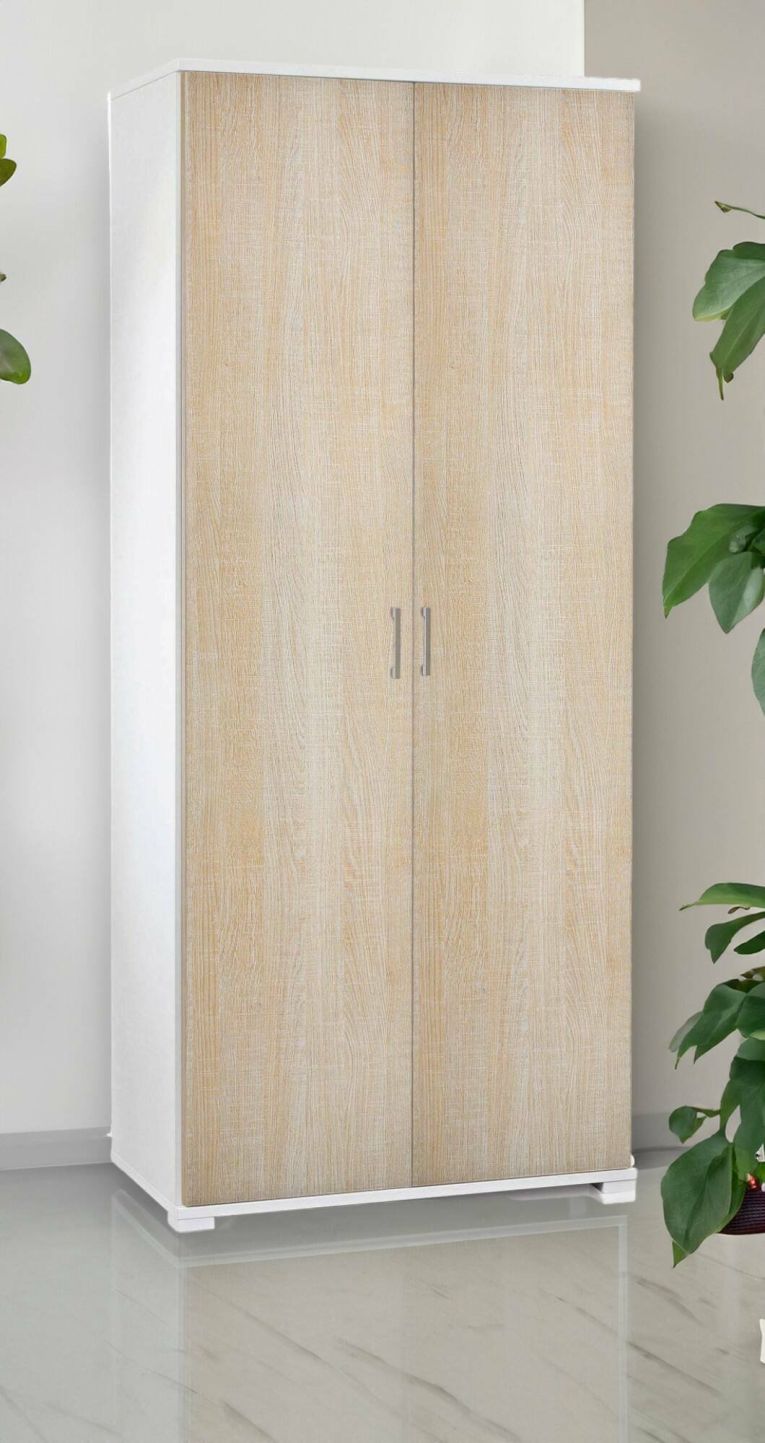 Armadio multiuso Alisso, Mobile lineare a 2 Ante battenti, Guardaroba a 4 ripiani regolabili, Scarpiera moderna, 100% Made in Italy, 90x45h195 cm, Rovere e Bianco