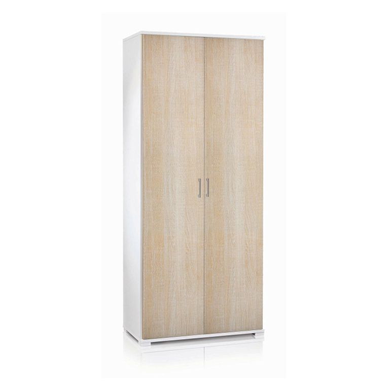 Armadio multiuso Alisso, Mobile lineare a 2 Ante battenti, Guardaroba a 4 ripiani regolabili, Scarpiera moderna, 100% Made in Italy, 90x45h195 cm, Rovere e Bianco