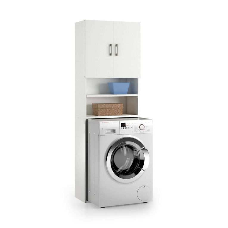 Armadio multiuso Anemone, Mobile lineare a 2 Ante battenti e ripiani, Mobile per lavanderia portalavatrice, 100% Made in Italy, 65x32h195 cm, Bianco