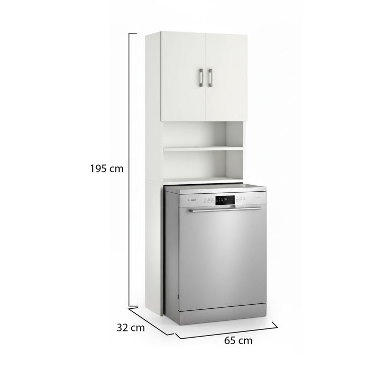 Armadio multiuso Anemone, Mobile lineare a 2 Ante battenti e ripiani, Mobile per lavanderia portalavatrice, 100% Made in Italy, 65x32h195 cm, Bianco