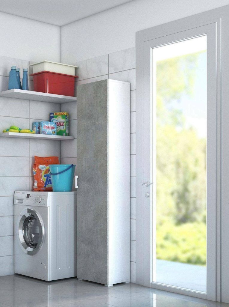 Armadio multiuso Aquilegia, Mobile lineare a 1 Anta battenti e 4 ripiani regolabili, Mobile a colonna per bagno, 100% Made in Italy, 45x45h195 cm, Cemento e Bianco