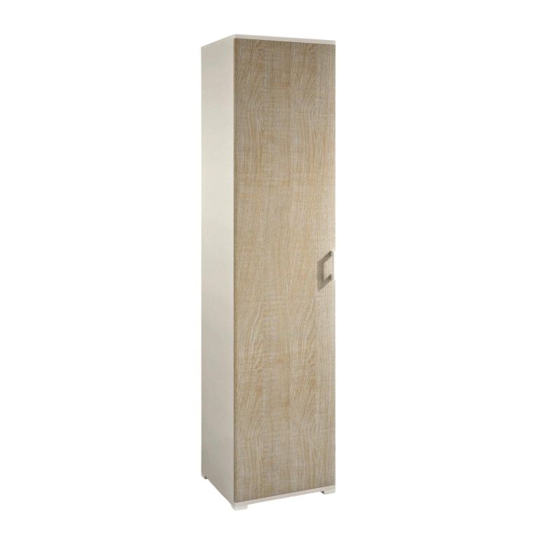 Armadio multiuso Aquilegia, Mobile lineare a 1 Anta battenti e 4 ripiani regolabili, Mobile a colonna per bagno, 100% Made in Italy, 45x45h195 cm, Rovere e Bianco