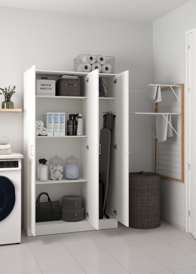 Armadio multiuso Beaumont, Mobile ausiliario a 3 ante, Guardaroba portascarpe, Guardaroba portascope, 109x37h180 cm, Bianco