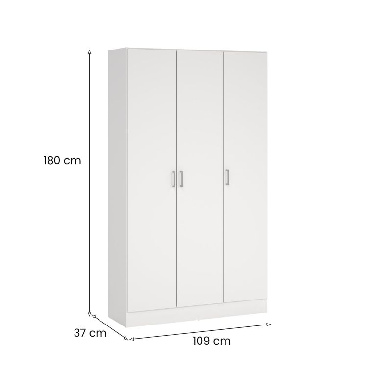 Armadio multiuso Beaumont, Mobile ausiliario a 3 ante, Guardaroba portascarpe, Guardaroba portascope, 109x37h180 cm, Bianco