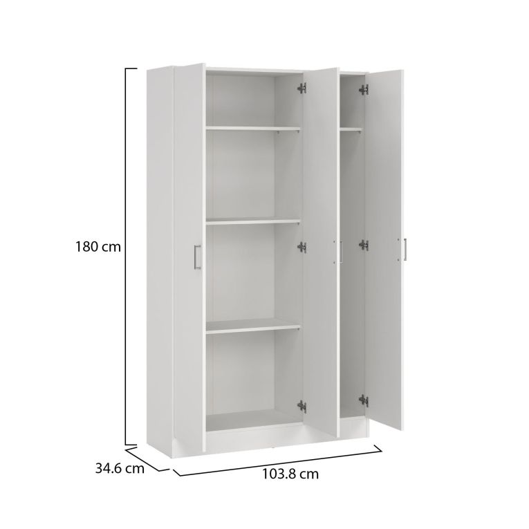 Armadio multiuso Beaumont, Mobile ausiliario a 3 ante, Guardaroba portascarpe, Guardaroba portascope, 109x37h180 cm, Bianco