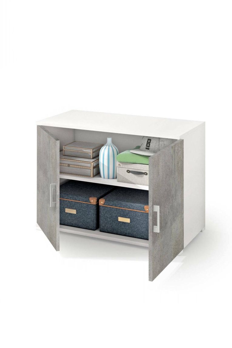 Armadio multiuso Bucaneve, Mobile lineare a 2 Ante battenti con ripiano, Mobile da ingresso, Scarpiera moderna, 100% Made in Italy, 90x45h66 cm, Cemento e Bianco