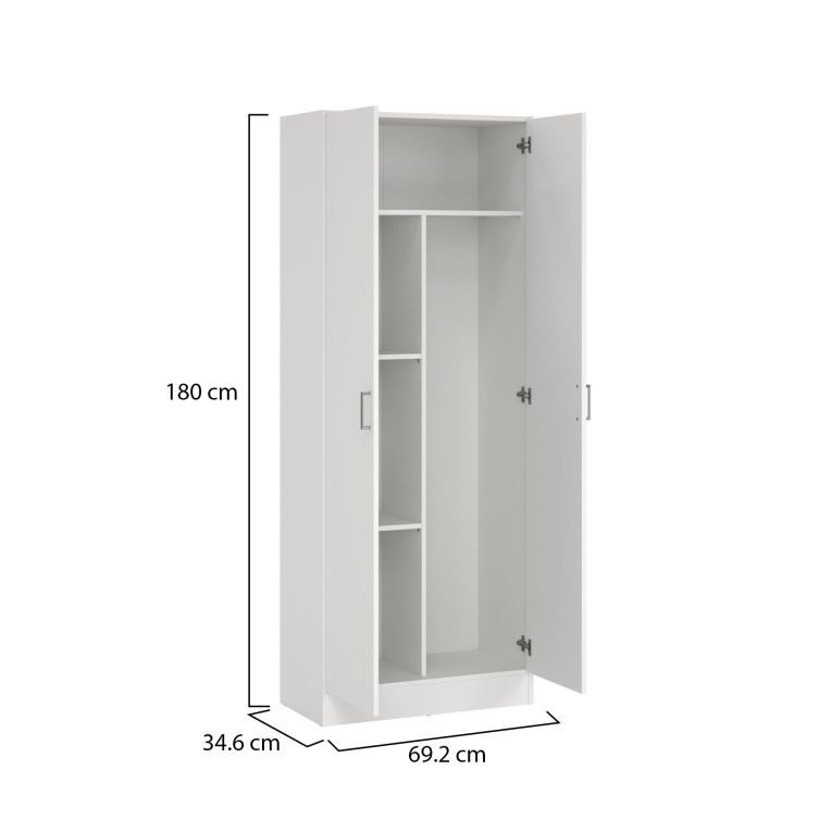 Armadio multiuso Charleston, Mobile portascope a 2 ante, Scarpiera con ripiani, Guardaroba portascope, cm73x37h180 cm, Bianco