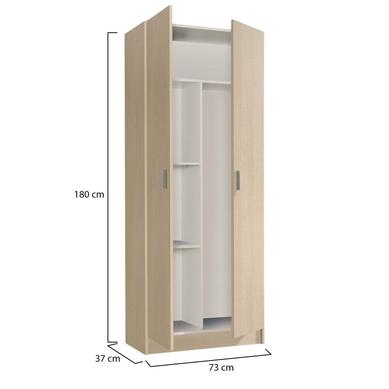 Armadio multiuso Charleston, Mobile portascope a 2 ante, Scarpiera con ripiani, Guardaroba portascope, cm73x37h180 cm, Rovere