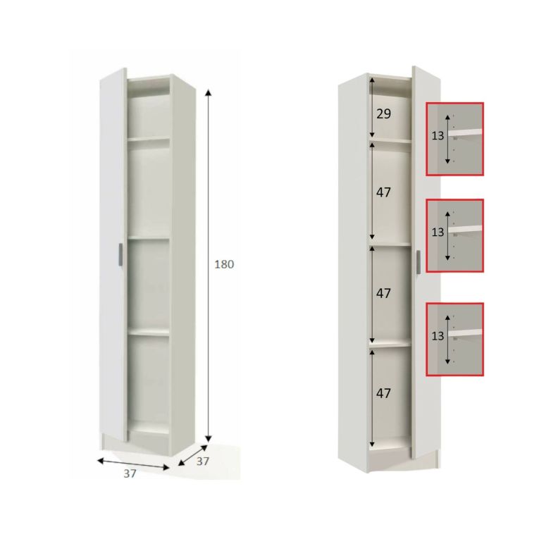 Armadio multiuso Clearwater, Mobile ausiliario a 1 anta, Guardaroba portascarpe con ripiani, Scarpiera verticale, 37x37h180 cm, Bianco
