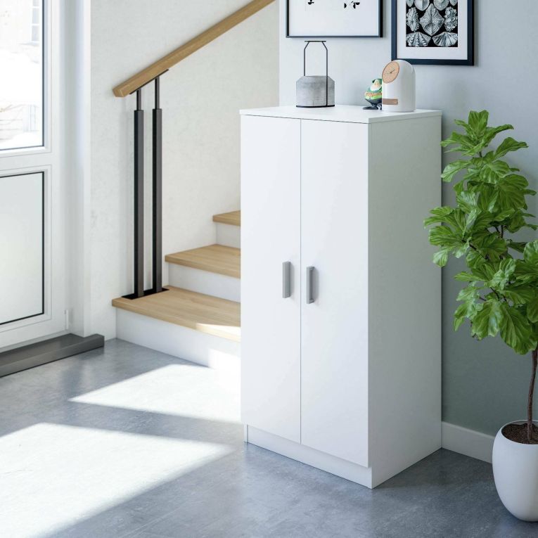 Armadio multiuso Corona, Mobile ausiliario a 2 ante, Mobile basso portascarpe con 6 ripiani, Scarpiera moderna, 55x36h108 cm, Bianco