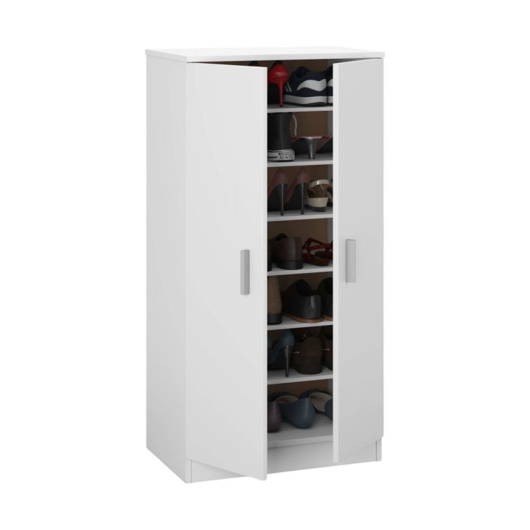 Armadio multiuso Corona, Mobile ausiliario a 2 ante, Mobile basso portascarpe con 6 ripiani, Scarpiera moderna, 55x36h108 cm, Bianco