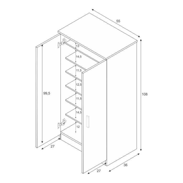 Armadio multiuso Corona, Mobile ausiliario a 2 ante, Mobile basso portascarpe con 6 ripiani, Scarpiera moderna, 55x36h108 cm, Rovere