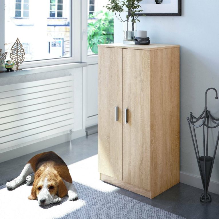 Armadio multiuso Corona, Mobile ausiliario a 2 ante, Mobile basso portascarpe con 6 ripiani, Scarpiera moderna, 55x36h108 cm, Rovere