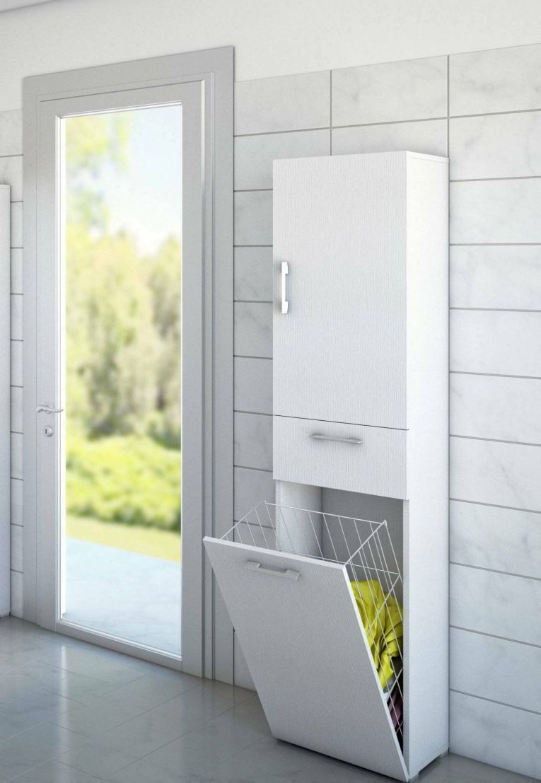 Armadio multiuso Escolzia, Mobile lavanderia lineare a 2 Ante, Colona da bagno con cestello portabiancheria, 100% Made in Italy, 45x32h195 cm, Bianco