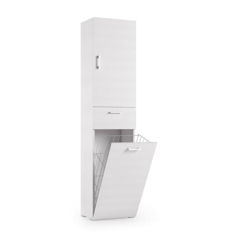 Armadio multiuso Escolzia, Mobile lavanderia lineare a 2 Ante, Colona da bagno con cestello portabiancheria, 100% Made in Italy, 45x32h195 cm, Bianco