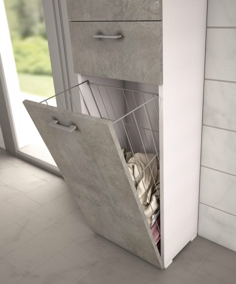 Armadio multiuso Escolzia, Mobile lavanderia lineare a 2 Ante, Colona da bagno con cestello portabiancheria, 100% Made in Italy, 45x32h195 cm, Cemento e Bianco