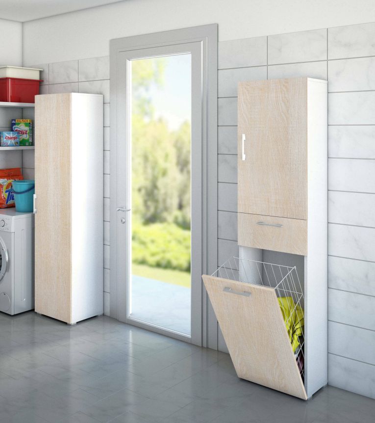 Armadio multiuso Escolzia, Mobile lavanderia lineare a 2 Ante, Colona da bagno con cestello portabiancheria, 100% Made in Italy, 45x32h195 cm, Rovere e Bianco