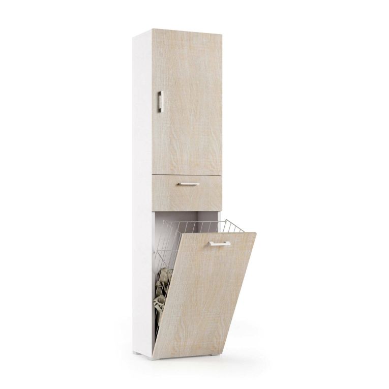 Armadio multiuso Escolzia, Mobile lavanderia lineare a 2 Ante, Colona da bagno con cestello portabiancheria, 100% Made in Italy, 45x32h195 cm, Rovere e Bianco