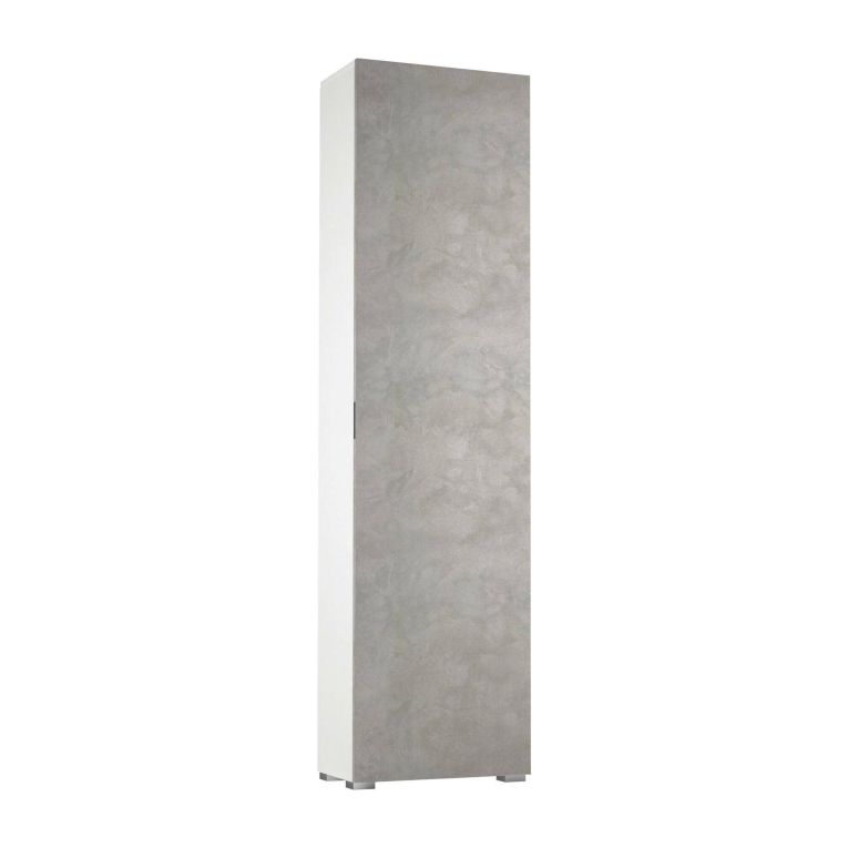 Armadio multiuso Fiordaliso, Mobile lineare a 1 Anta e 7 ripiani, Colonna da ingresso o bagno, Scarpiera moderna, 100% Made in Italy, 50x30h182 cm, Cemento e Bianco