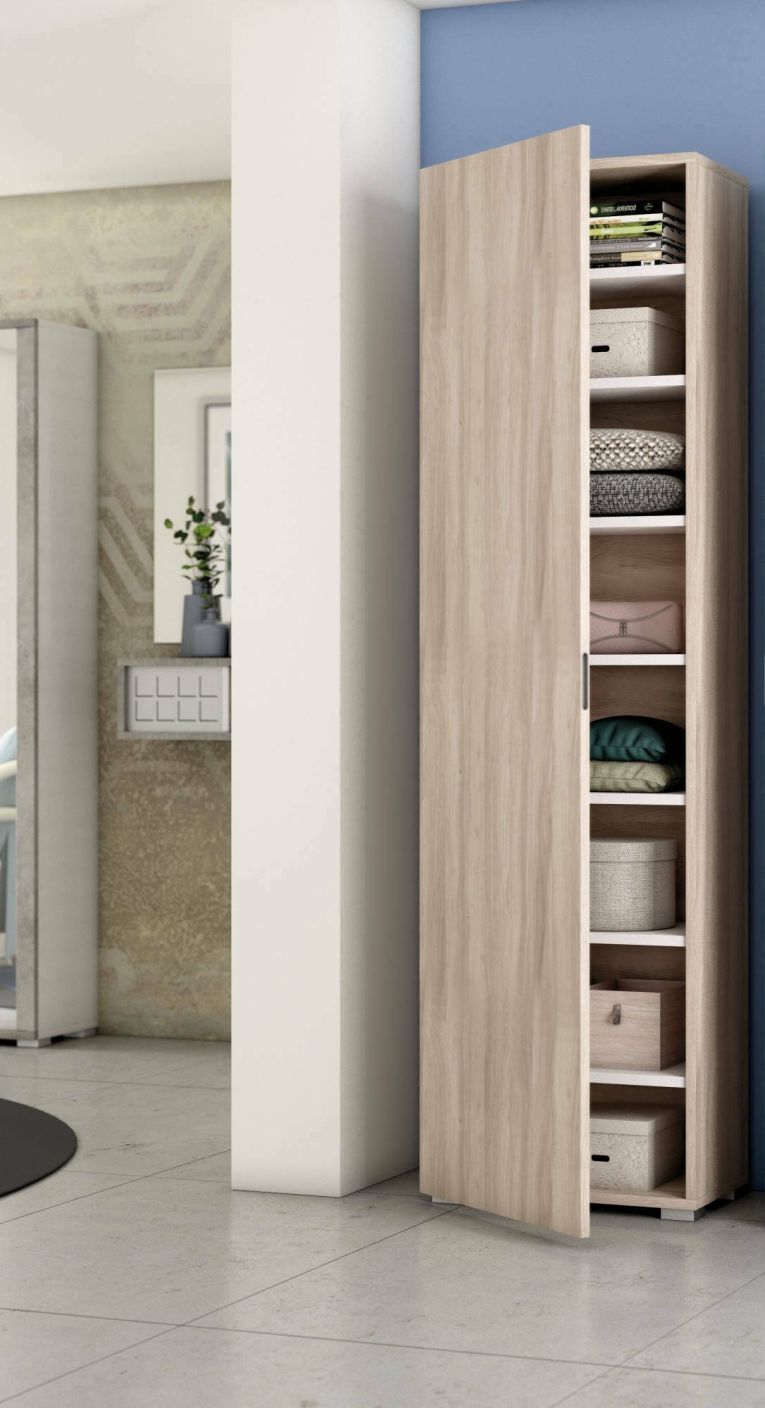 Armadio multiuso Fiordaliso, Mobile lineare a 1 Anta e 7 ripiani, Colonna da ingresso o bagno, Scarpiera moderna, 100% Made in Italy, 50x30h182 cm, Olmo