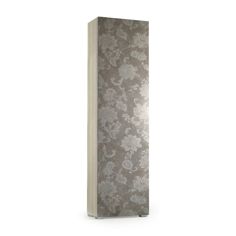 Armadio multiuso Fiordaliso, Mobile lineare a 1 Anta e 7 ripiani, Colonna da ingresso o bagno, Scarpiera moderna, 100% Made in Italy, 50x30h182 cm, Olmo e fantasia