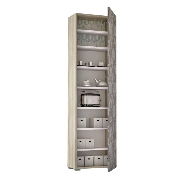 Armadio multiuso Fiordaliso, Mobile lineare a 1 Anta e 7 ripiani, Colonna da ingresso o bagno, Scarpiera moderna, 100% Made in Italy, 50x30h182 cm, Olmo e fantasia
