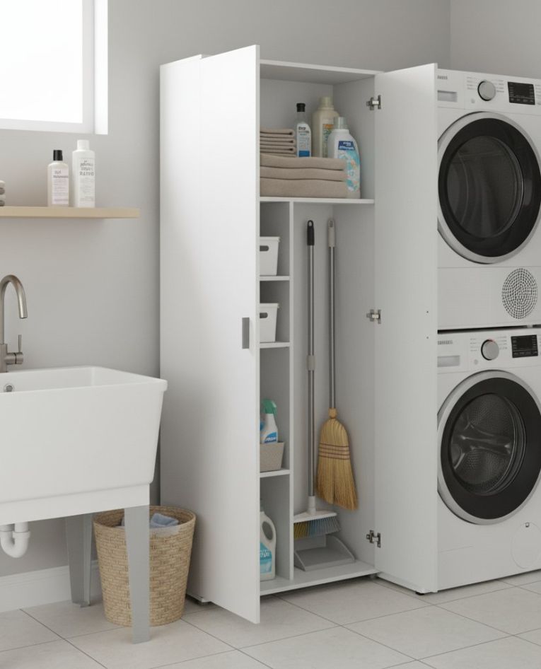 Armadio multiuso Forcola, Mobile multifunzione portascope, Guardaroba a 2 ante, 78x35h190 cm, Bianco