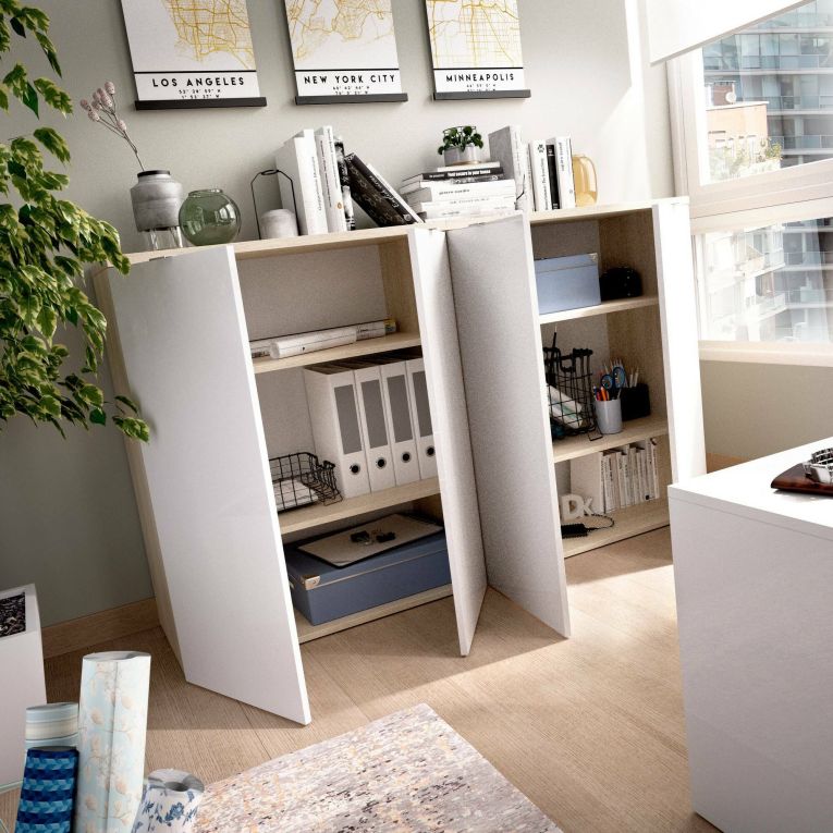 Armadio multiuso Gaviola, Mobile basso multifunzione, Armadietto a 2 ante, 79x40h96 cm, Bianco lucido e Rovere