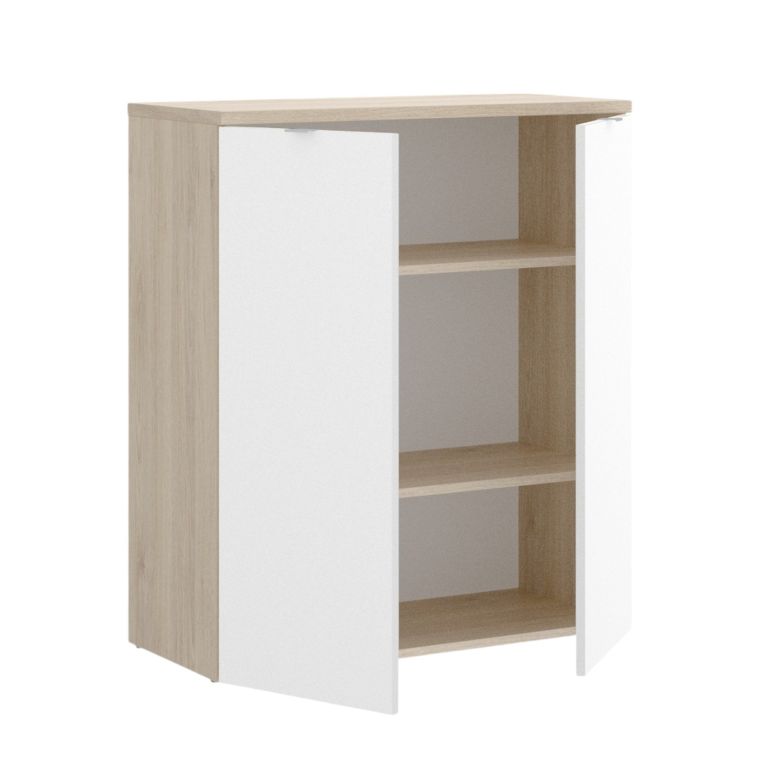 Armadio multiuso Gaviola, Mobile basso multifunzione, Armadietto a 2 ante, 79x40h96 cm, Bianco lucido e Rovere