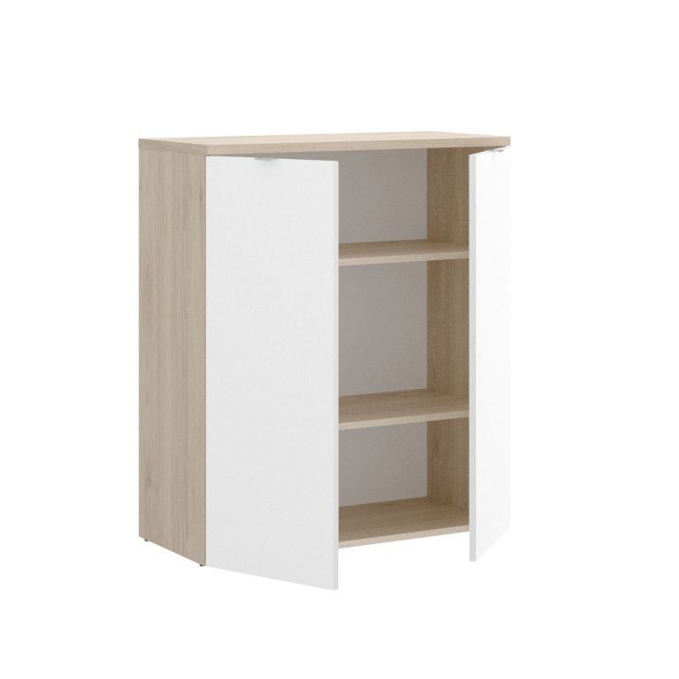 Armadio multiuso Gaviola, Mobile basso multifunzione, Armadietto a 2 ante, 79x40h96 cm, Bianco lucido e Rovere