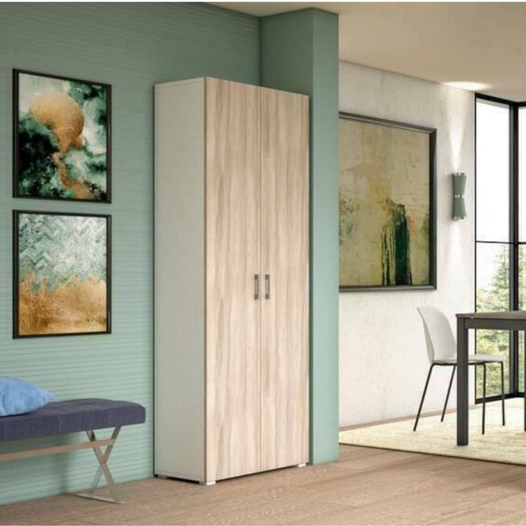 Armadio multiuso Ginestra, Mobile lineare a 2 Ante battenti, Guardaroba a 6 ripiani, Scarpiera moderna, 100% Made in Italy, 72x37h195 cm, Olmo e Bianco