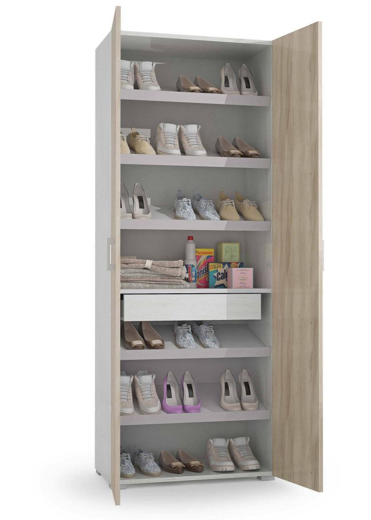 Armadio multiuso Ginestra, Mobile lineare a 2 Ante battenti, Guardaroba a 6 ripiani, Scarpiera moderna, 100% Made in Italy, 72x37h195 cm, Olmo e Bianco