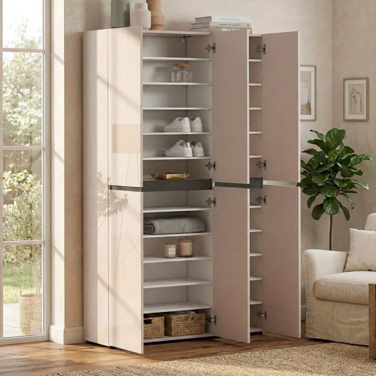 Armadio Multiuso Grande Beige Cassetti 20 Ripiani 120x200h cm, 3 Ante - Sotto