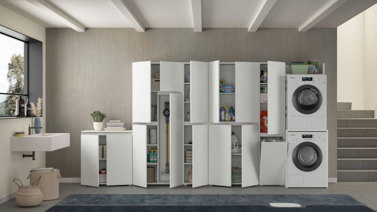 Armadio Multiuso Grande Bianco 3 Ripiani 4 Vani 65x195h cm, Peso Supportato 50 kg - Rapino