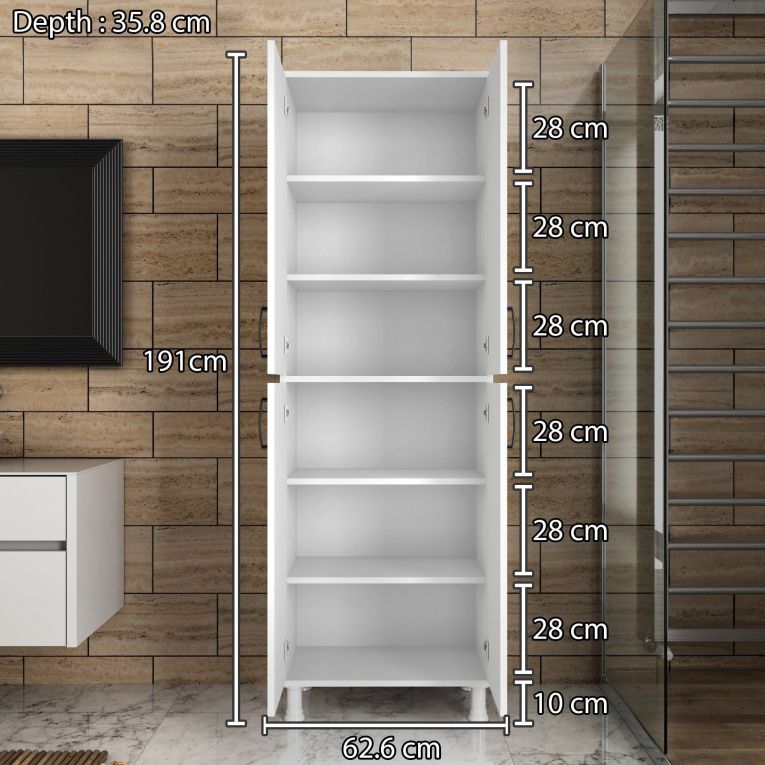 Armadio Multiuso Grande Bianco 6 Ripiani 4 Ante 63x191h cm, Apertura Battente - Medesano
