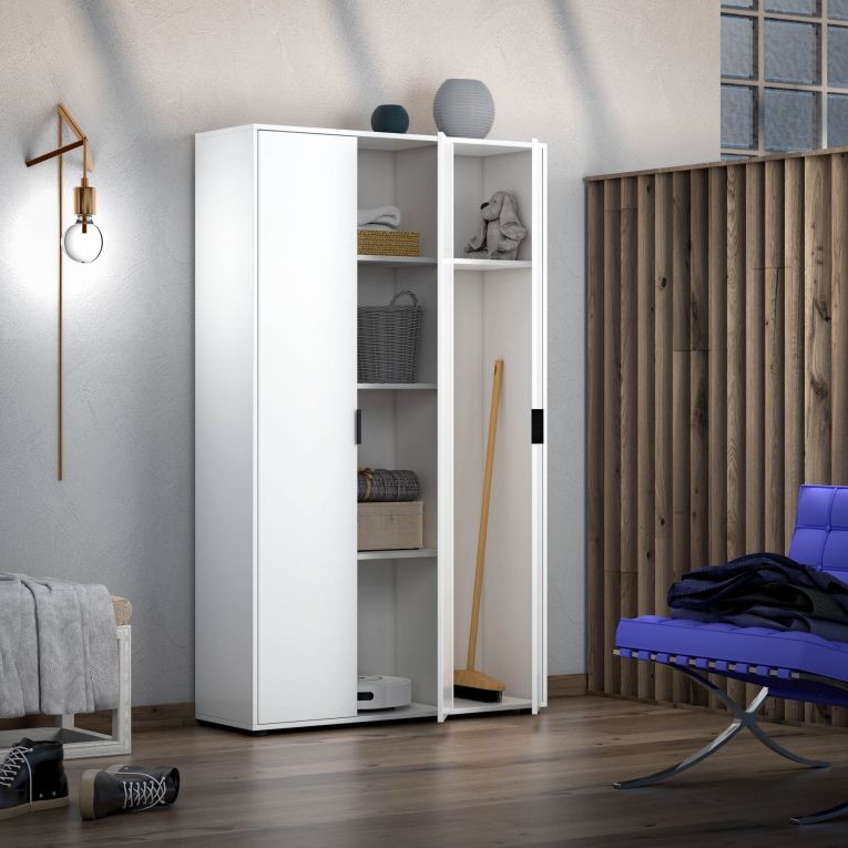 Armadio Multiuso Grande Bianco Lucido 4 Ripiani Cassetti 106.9x180h cm, 6 Vani - Teolo