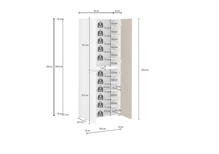 Armadio Multiuso Grande Bianco Lucido Marrone Rovere Cassetti 10 Ripiani 80x200h cm, 3 Ante - Palasio
